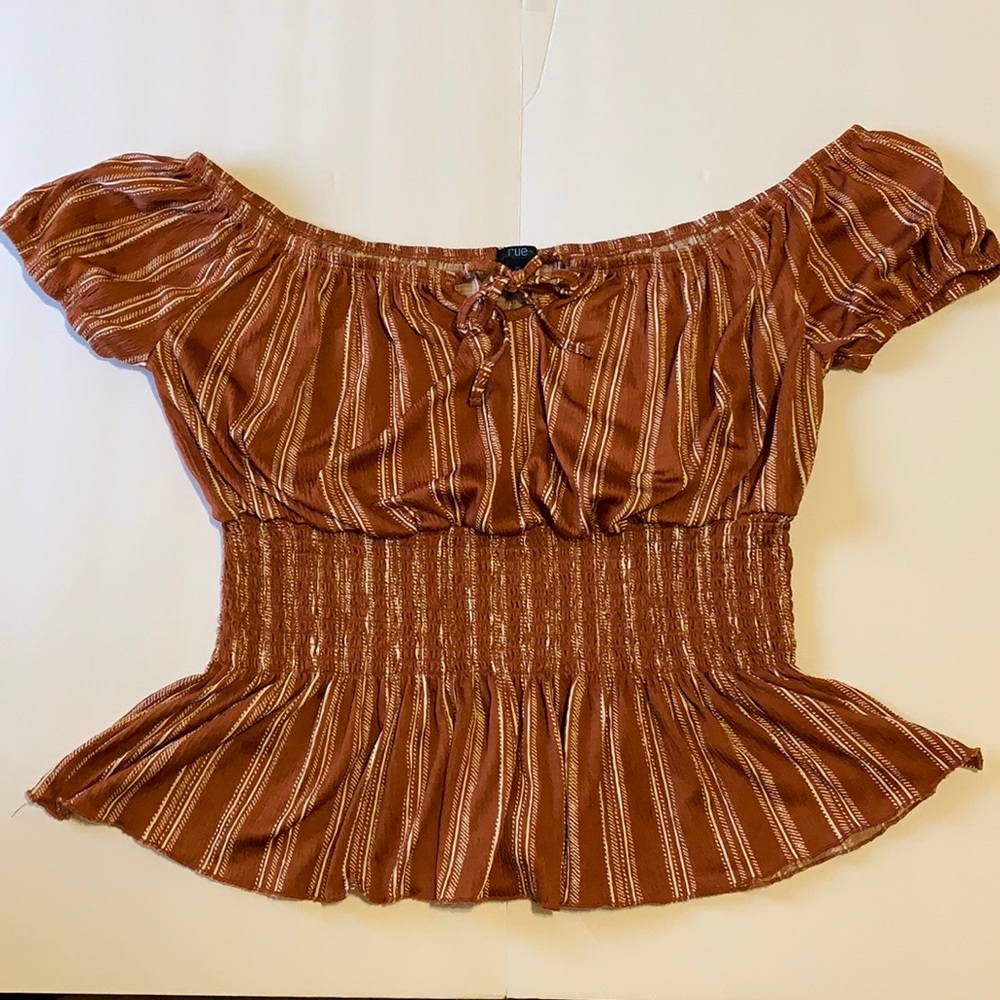 3x Rue 21 Plus size off the shoulder crop top orange blouse with white stripes.